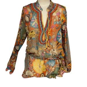NWT Barbara Gerwit Multicolor Floral Beaded Sheer Bathing Suit Coverup Tunic 2XL
